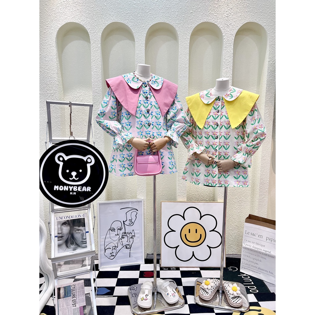 Đầm sơmi hoa phối lá cổ to 2 màu siêu xinh  - HN1114