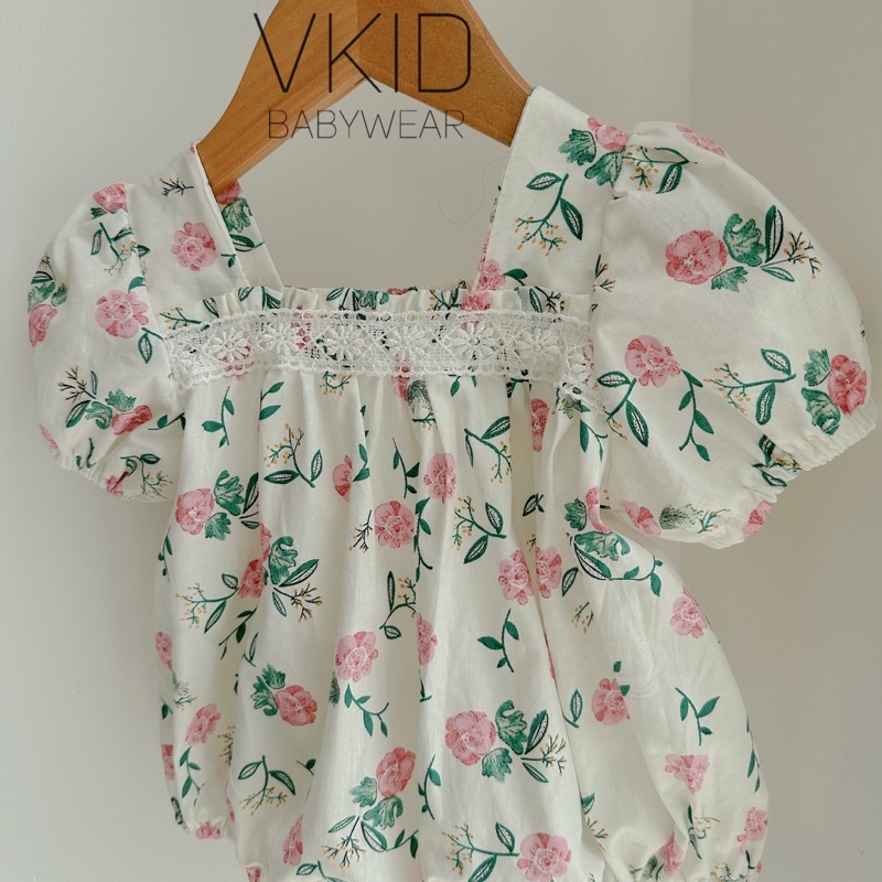 V25 Bodysuit nhún ngực pha ren tay bồng điệu đà cho bé gái size 5-13kg chất thô cara mềm mát