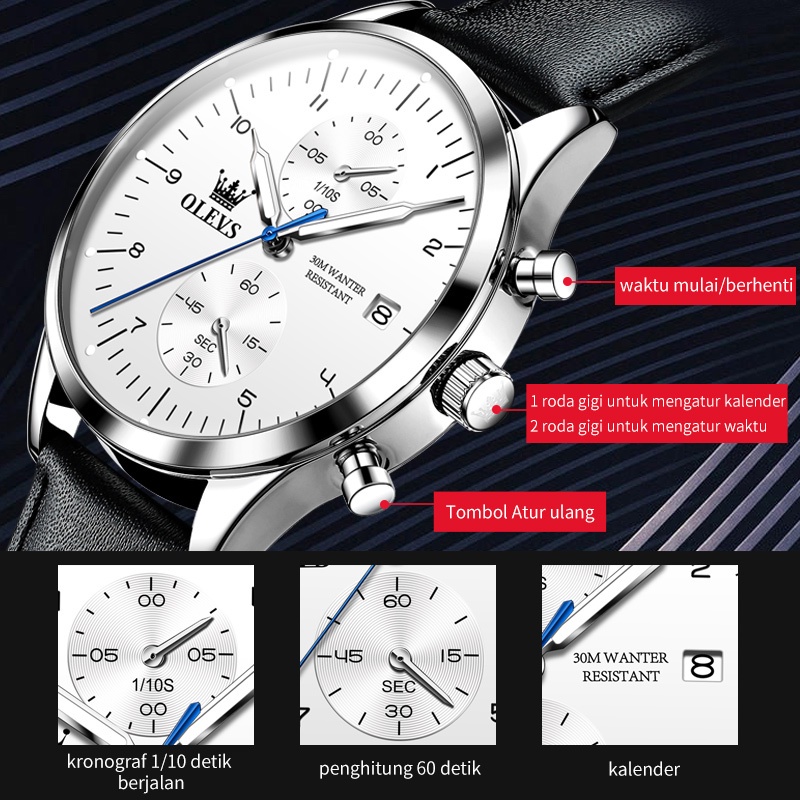 OLEVS  Đồng hồ nam chính hãng Dây da có chức năng Lịch chống nước phát sáng Mặt số   2880