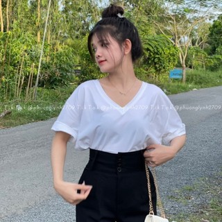 Áo thun nữ tay lỡ cổ tim , áo thun cổ v , áo thun tay lỡ nữ basic chất cotton cao cấp PLA127