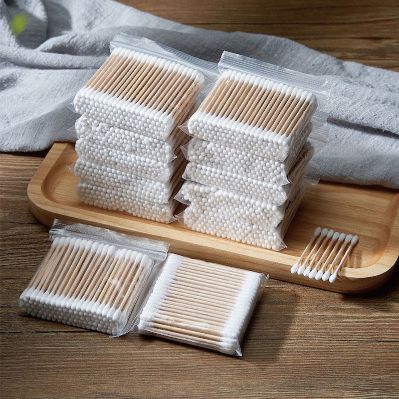 Tăm bông ngoáy tai,100 bông ráy tai thân gỗ khử trùng 2 đầu thân thiện với môi trường