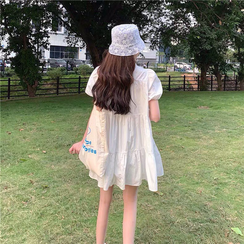 Đầm sơ mi trắng nữ tiểu thư dự tiệc ngắn tay babydoll tay lỡ dáng lửng trắng VANISA AN111