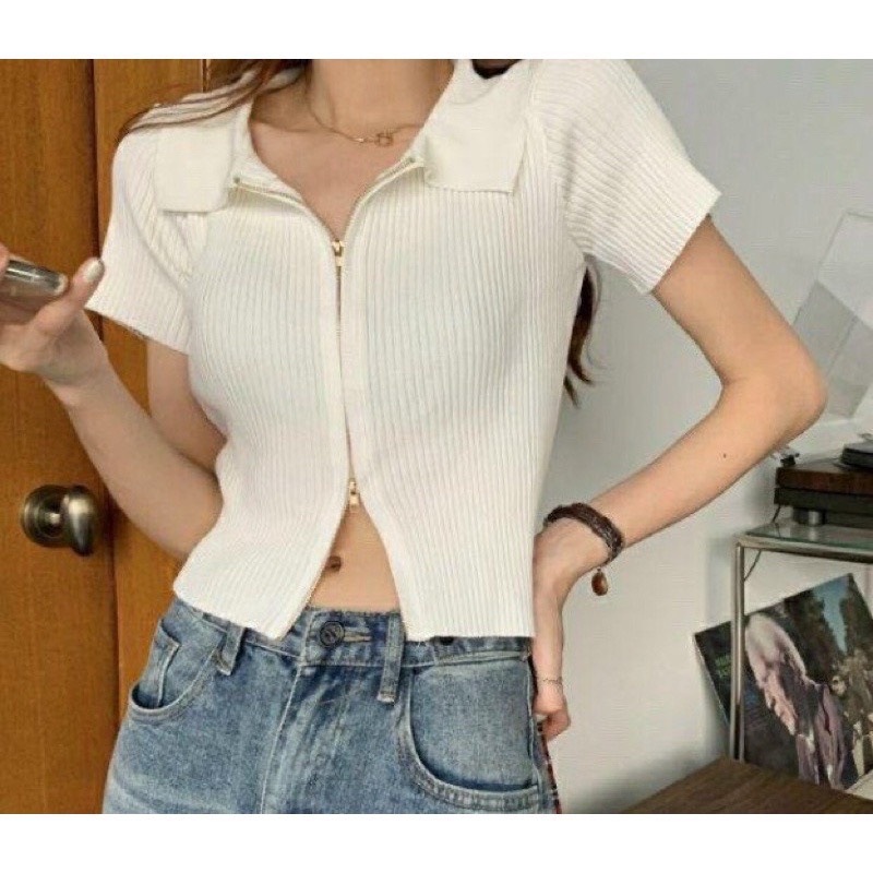 áo croptop tay ngắn - áo crt ôm cổ bẻ khóa kéo hai đầu a0026 keo1