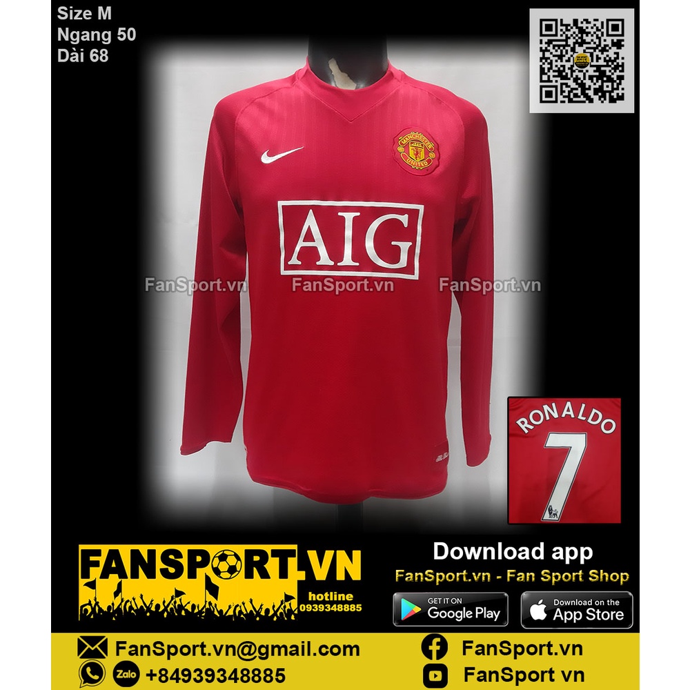 Áo đấu cầu thủ bóng đá Cristiano Ronaldo Manchester United 2007 2008 2009 home shirt jersey 237925 Nike tay dài size M
