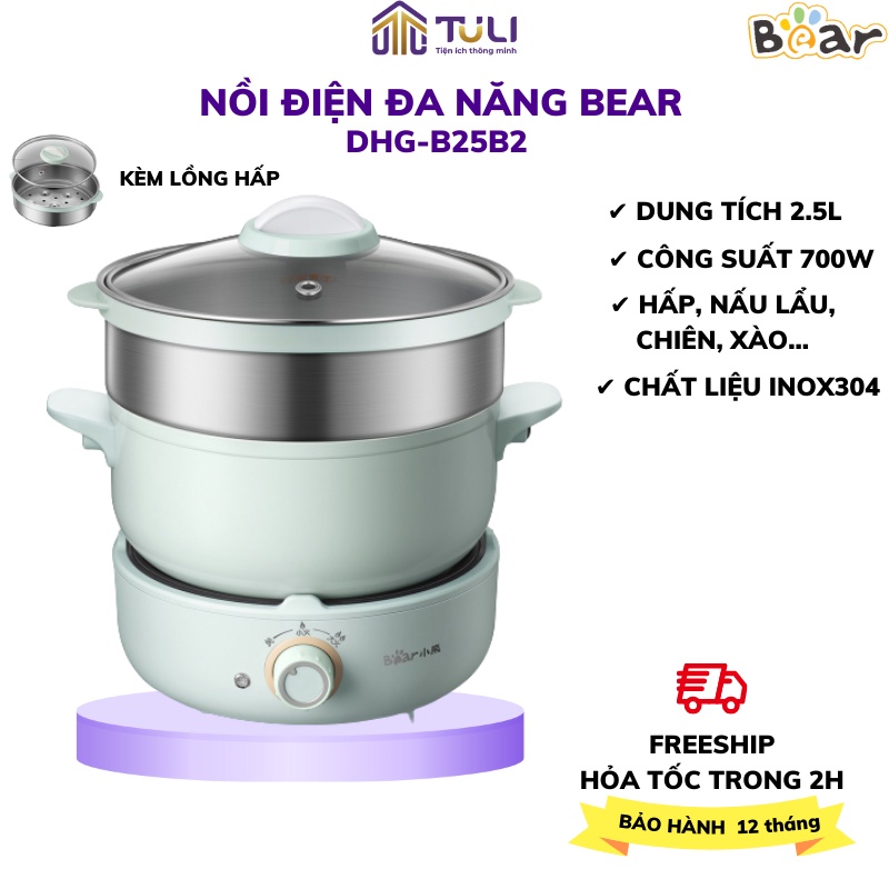Nồi Nấu Lẩu Điện Mini 3 Tầng Đa Năng Bear DHG-B25Z1/B25Z1 , nấu , hấp, lẩu, Chiên, Xào hầm ), BH 18T