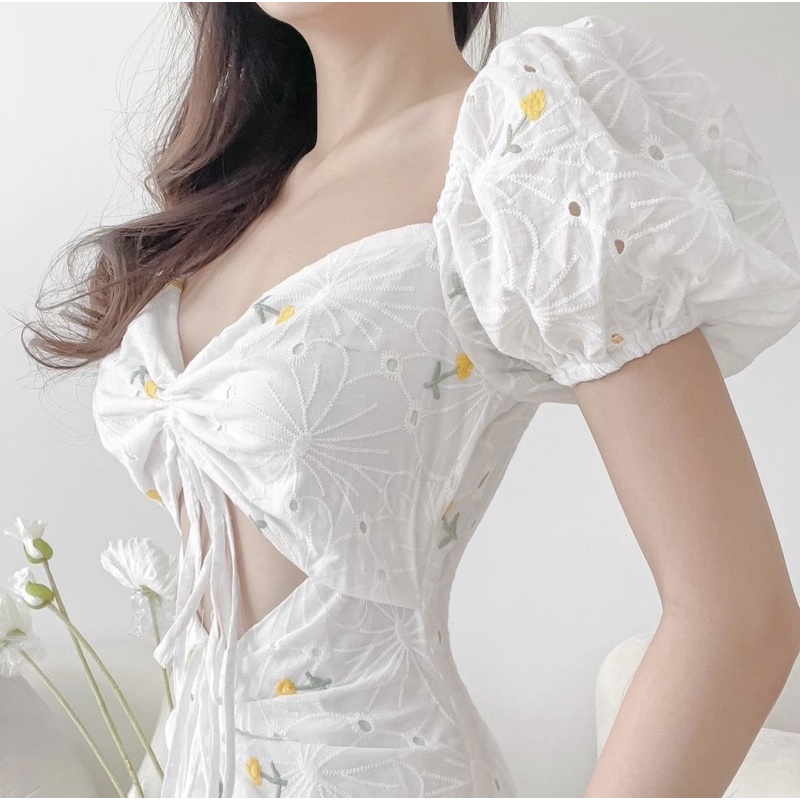 Đầm midi hoa ( có bigsize ) thêu rút dây nhún eo siu tôn dáng