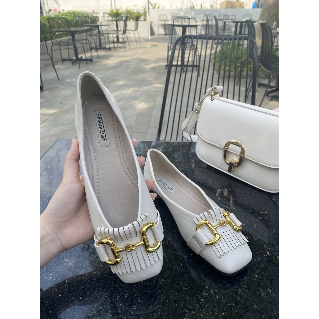 GIÀY BÚP BÊ MŨI VUÔNG QUAI XÍCH PHỐI TUA QUẢNG CHÂU CAO CẤP