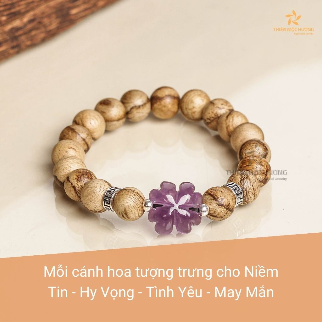 Vòng tay trầm hương Tứ Diệp Bảo Indonesia vân hoa Thiên Mộc Hương, trầm hương tự nhiên, may mắn, bình an