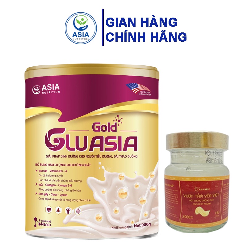 Combo sữa tiểu đường Glu Asia Gold 900g và 1 hũ yến 70ml cao cấp ASIA NUTRITION cung cấp năng lượng, dinh dưỡng