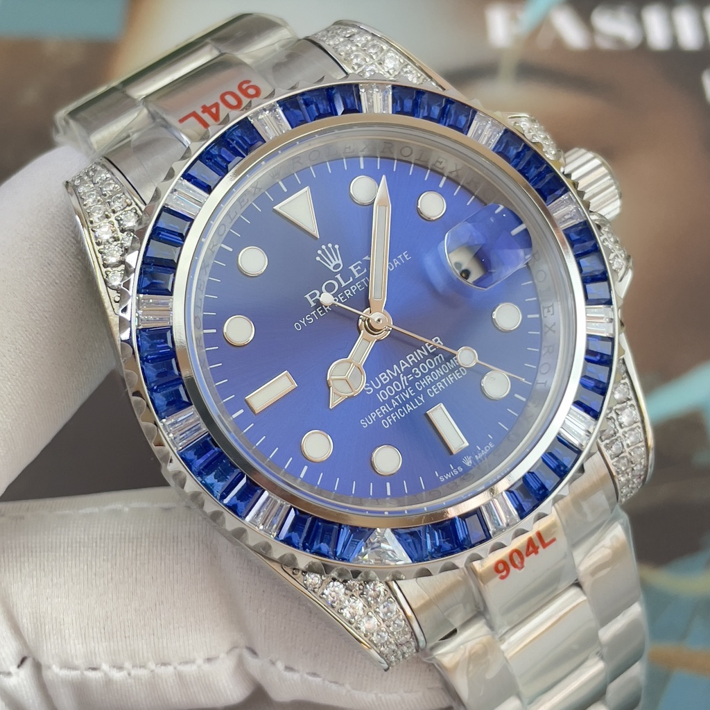 Đồng hồ Nam Rolex vành đá to đẹp số dạ quang máy nhật chạy cơ Automatic size 40-41mm mặt xanh