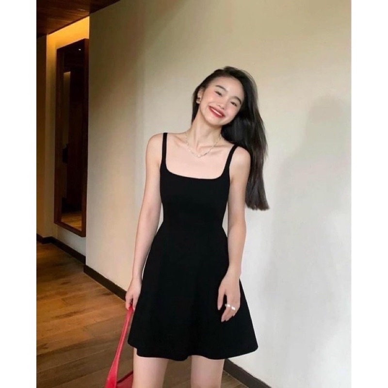 Váy Đầm Đen 2 Dây Thun Tăm Bản To Cổ Vuông Dáng Xoè Siêu Xinh