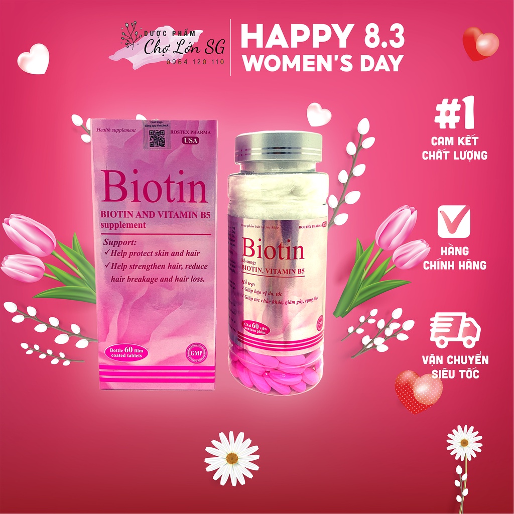 [CHÍNH HÃNG] Viên uống bổ sung Biotin giảm rụng tóc, bảo vệ da, chắc móng – chai 60 viên