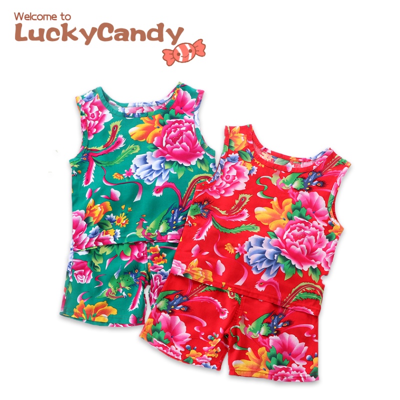 Bộ áo cộc tay và quần ngắn LUCKYCANDY chất vải cotton lụa mỏng in hoa thời trang hè nhiều màu tùy chọn cho bé