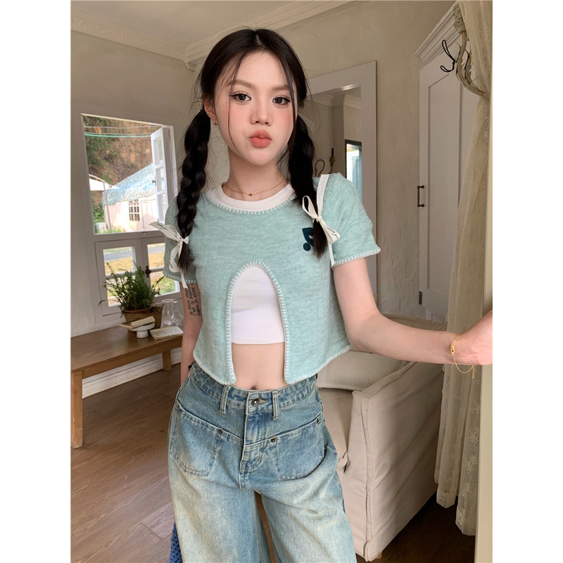 HUANG YOYO Áo Thun Dệt Kim Ngắn Tay Xẻ Tà Phía Trước Thời Trang Mùa Hè Cho Nữ