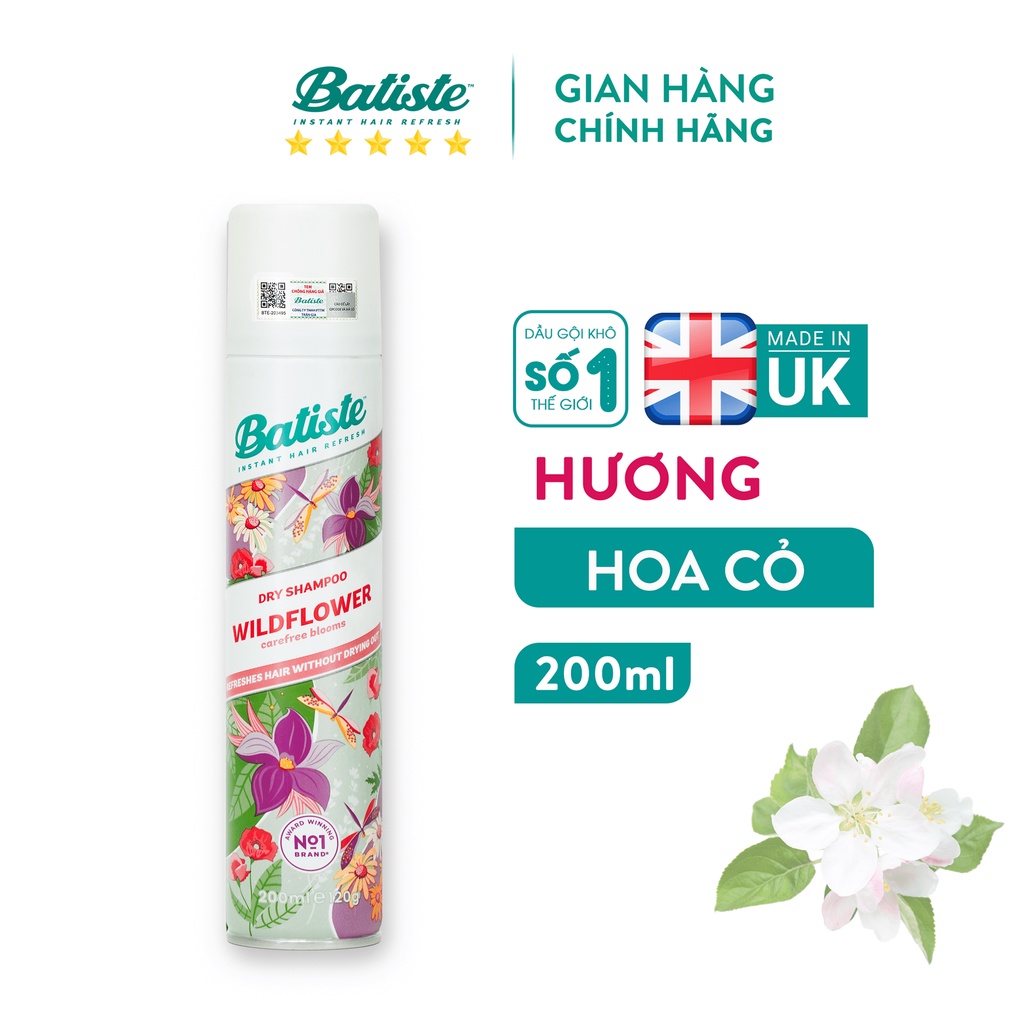 Dầu Gội Khô Batiste Hương Hoa Cỏ Nữ Tính, Tươi Mát - Batiste Dry Shampoo Fresh & Feminine Wildflower 200ml