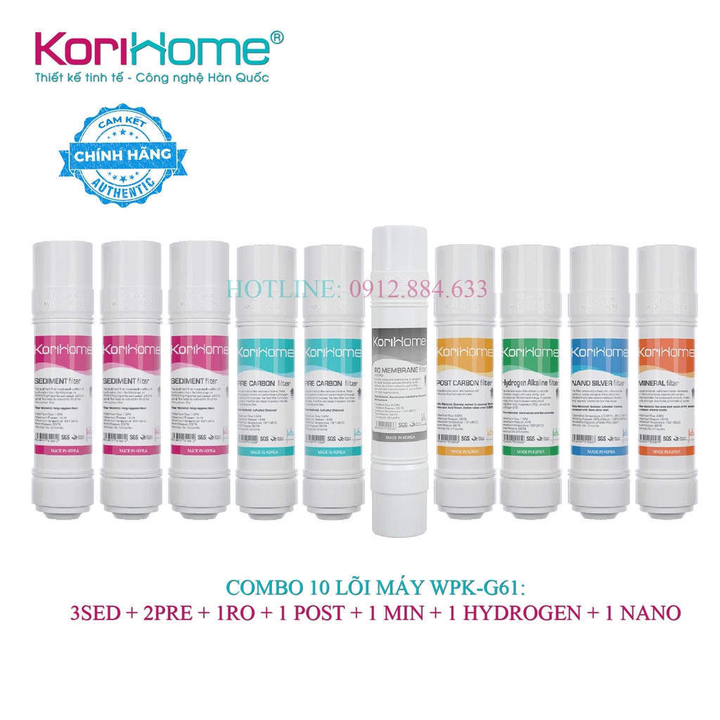Bộ 10 lõi lọc nước Korihome WPK-G61 nhập khẩu Hàn Quốc dùng cho máy lọc nước Korihome WPK-G61 - Tặng tay tháo+1 lõi 1