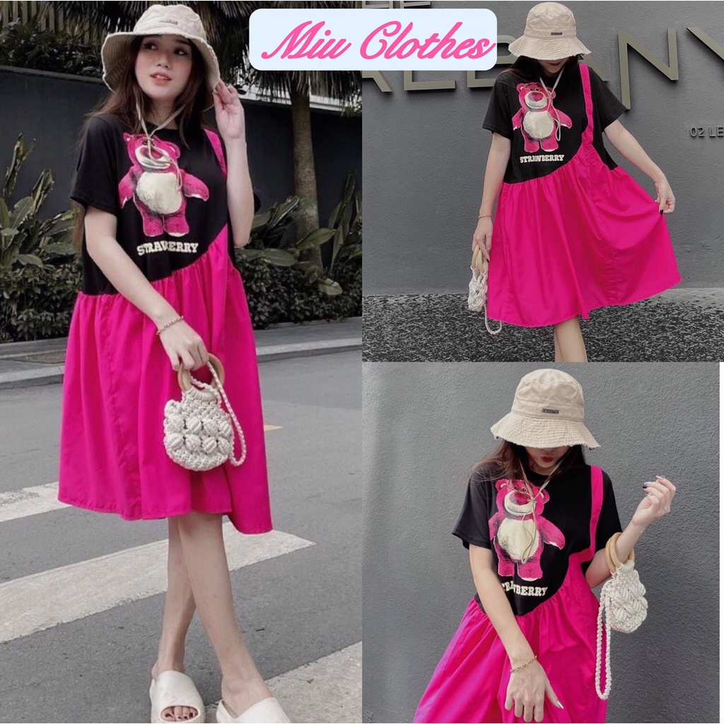 Đầm suông gấu thun phối đũi dáng xoè váy babydoll form rộng, bầu bí mặc thoải mái