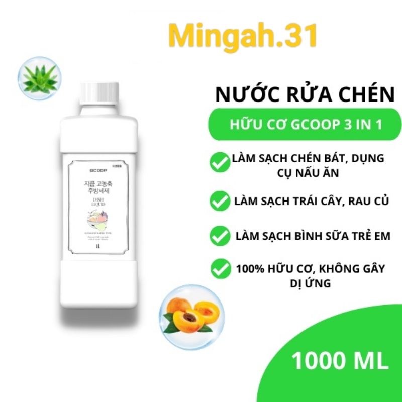 Nước rửa chén bát hữu cơ, nước rửa rau củ quả, nước rửa bình sữa cho bé GCOOP Hàn Quốc (1000 ml)