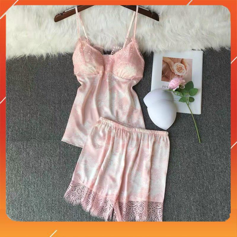 Bộ đồ ngủ, bộ mặc nhà 2 dây chất liệu lụa satin cao cấp phối ren nhẹ nhàng thoáng mát sexy quyến rũ loang màu B312