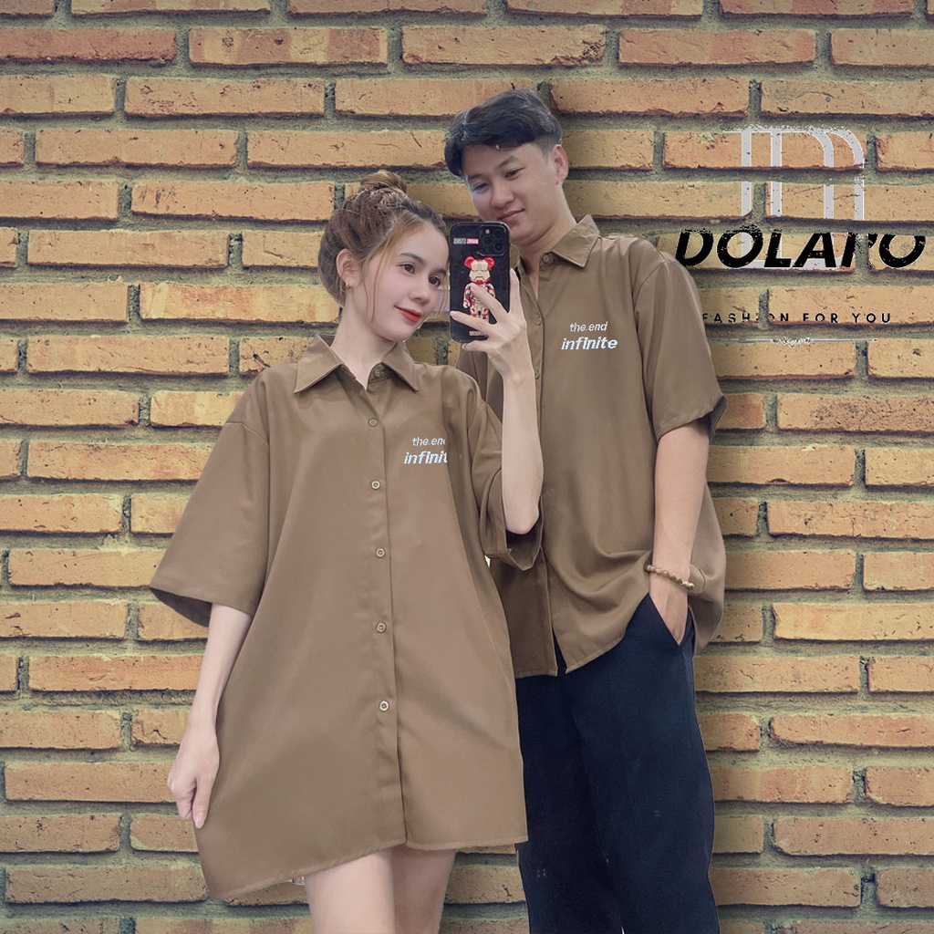 Áo sơ mi nữ tay ngắn local brand DOLARO họa tiết thêu infinite chất mango chống nhăn,áo đôi nam nữ kiểu form rộng đủ màu
