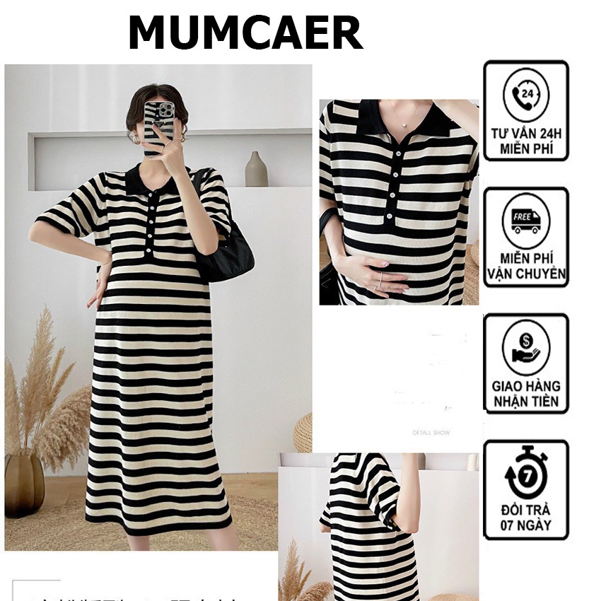 Váy bầu công sở, đầm bầu cotton họa tiết kẻ ngang dáng suông thanh lịch