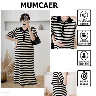 Váy bầu công sở, đầm bầu cotton họa tiết kẻ ngang dáng suông thanh lịch