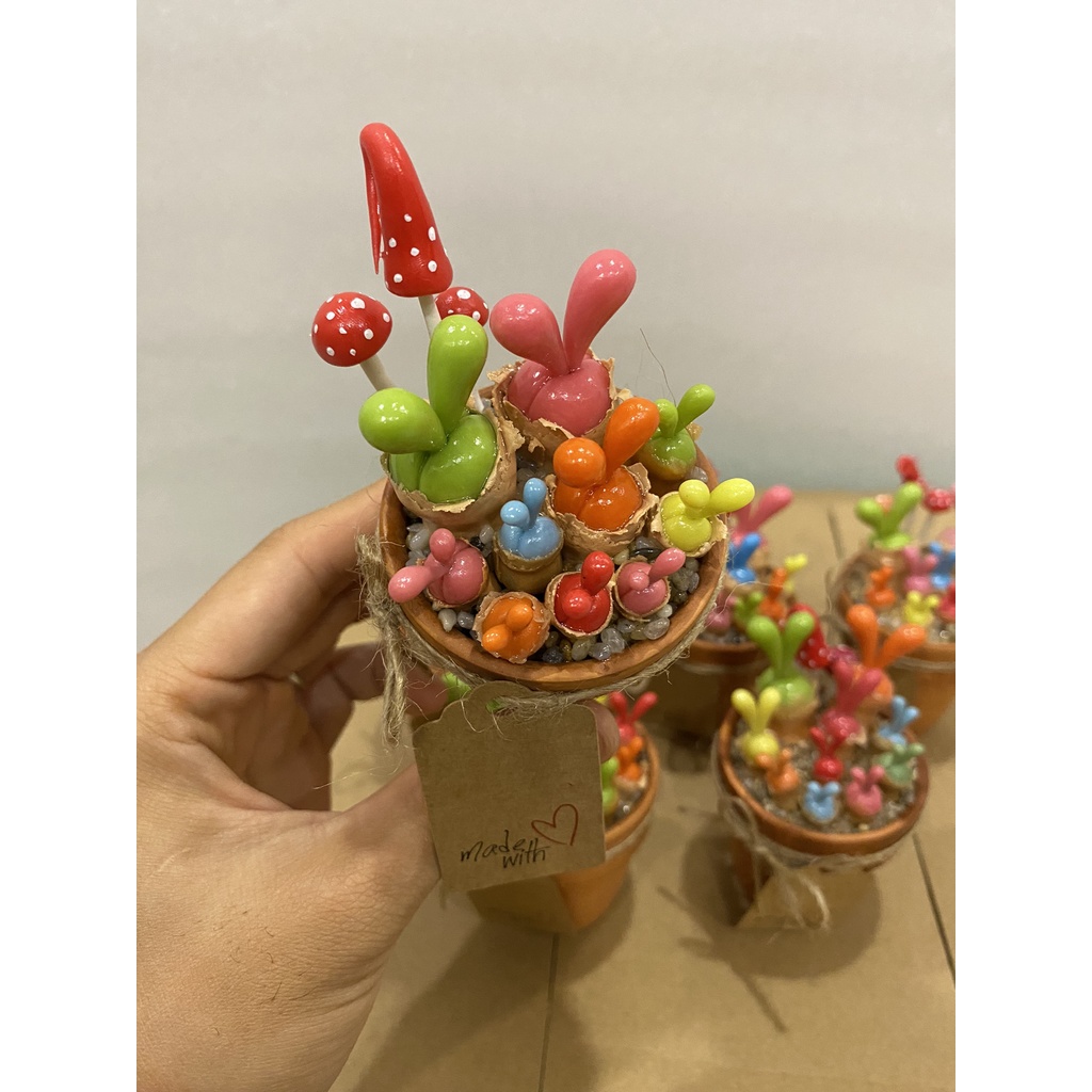 Chậu sen đá tai thỏ từ đất sét, Cây giả, Kèm hộp quà