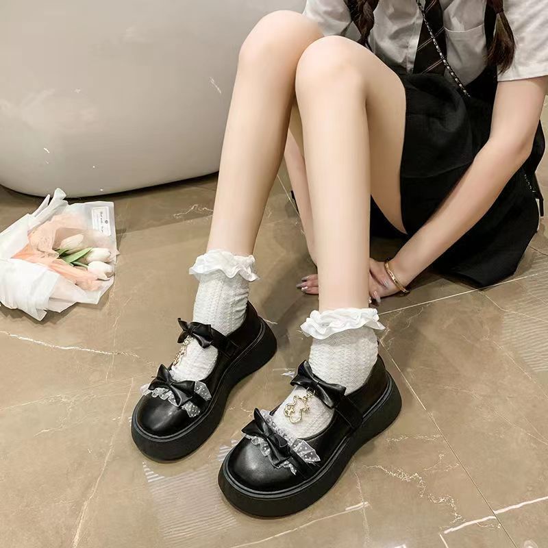 Giày Nữ Lolita Nơ Bách Hợp Giày Da Đế Dày