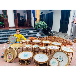 Bàn trà mây tre đan - Bàn trà mây guột khảm trai cao cấp phong cách Vintage Decor trang trí nhà,Nhiều K.Thước
