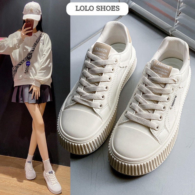 Giày thể thao nữ trắng dây buộc, giày nữ đế cao 4cm mẫu mới 2023 phong cách Hàn Quốc size 36-40 [034]