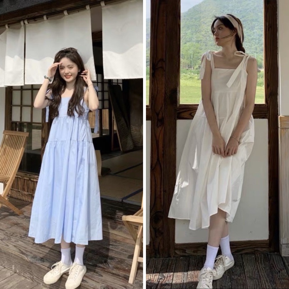 Váy hai dây , đầm 2 dây buộc nơ Babydoll Hàn Quốc dáng đơn giản mặc đi biển hoặc đi dạo phố duyên dáng siêu đẹp V133
