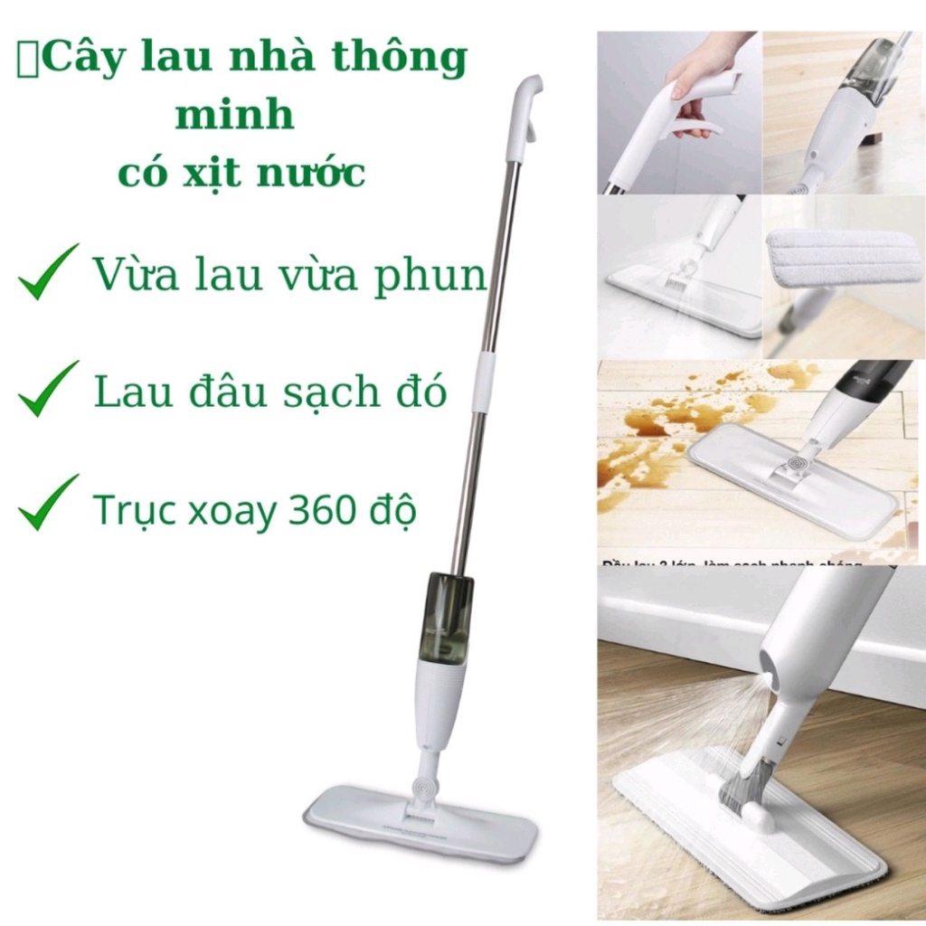 Cây Lau Nhà Phun Sương Xoay 360, Chổi Lau Nhà Tự Vắt Thông Minh