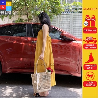 Maxi dập li – váy maxi 2 dây nơ sau freesize màu vàng – điệu đà, xinh xắn