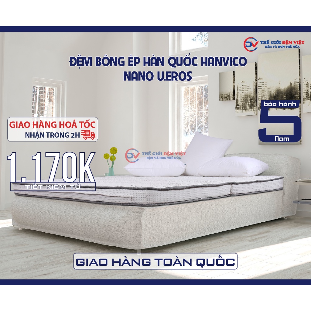 ĐỆM BÔNG ÉP HANVICO NANO U.EROS - CHỐNG MÙI VÀ ẨM MỐC - NÂNG ĐỠ CỘT SỐNG - HÀNG CHÍNH HÃNG
