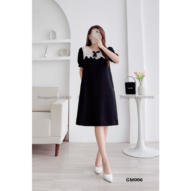 Váy bầu bigsize thiết kế công sở GuMe dáng chữ A phối cổ yếm nơ đen chất vải sạn lụa cao cấp dày dặn 40-100kg GM006