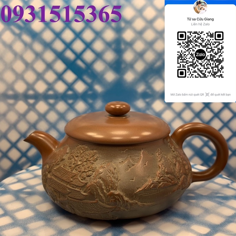 Ấm trà minh lô hồ, chế tác thủ công, gốm thô nguyên bản, nê hưng khâm châu, hoạ tiết khắc tỉ mỉ