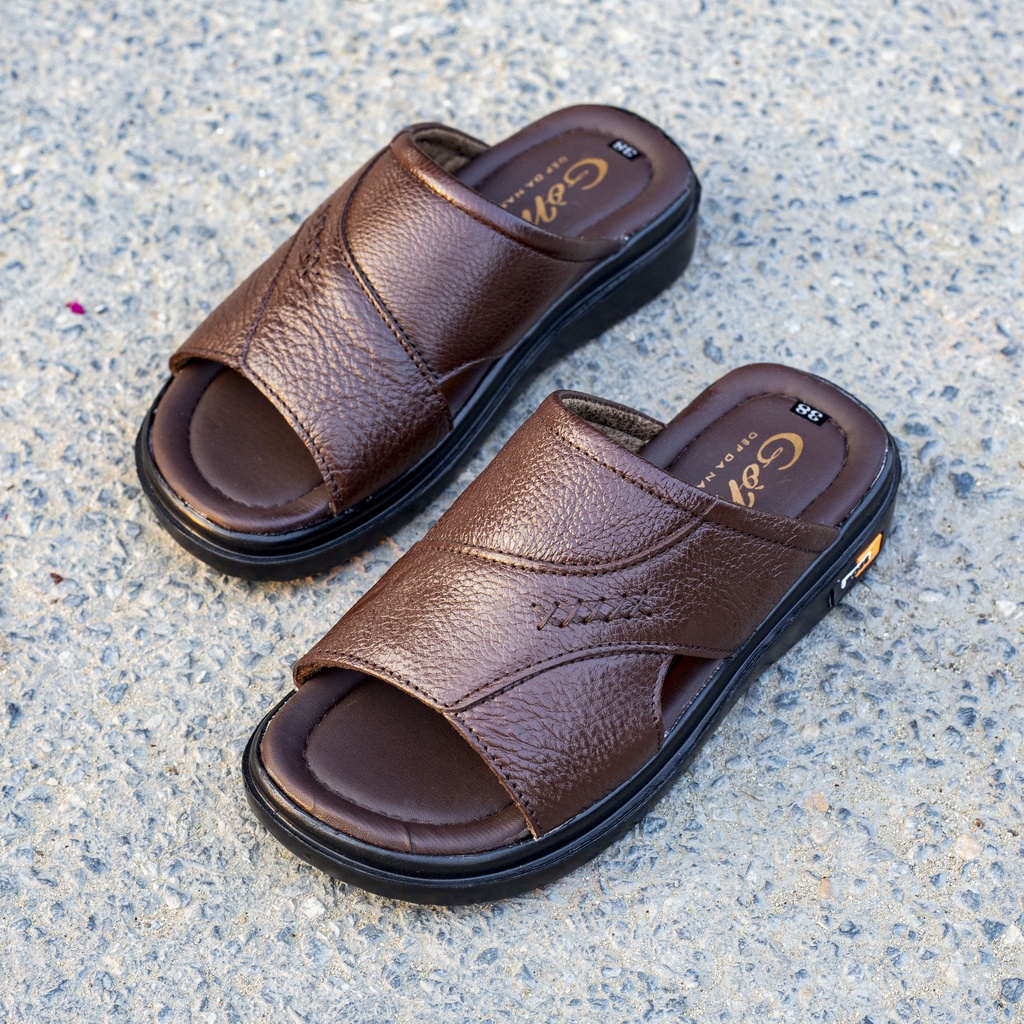 Dép nam quai ngang da bò thật khâu chỉ chắc chắn , siêu nhẹ chân , Gòm Q