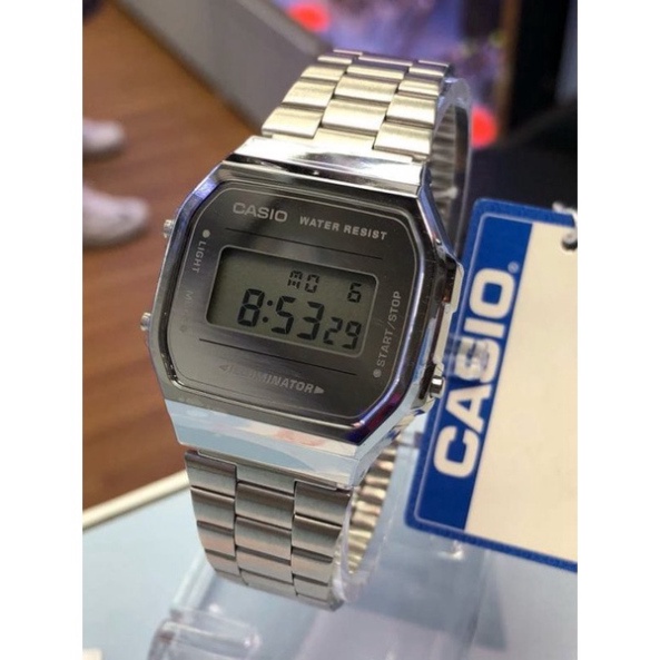 Đồng hồ nam , nữ Casio A168 màu bạc thời thượng , dây thép không gỉ , cổ điển