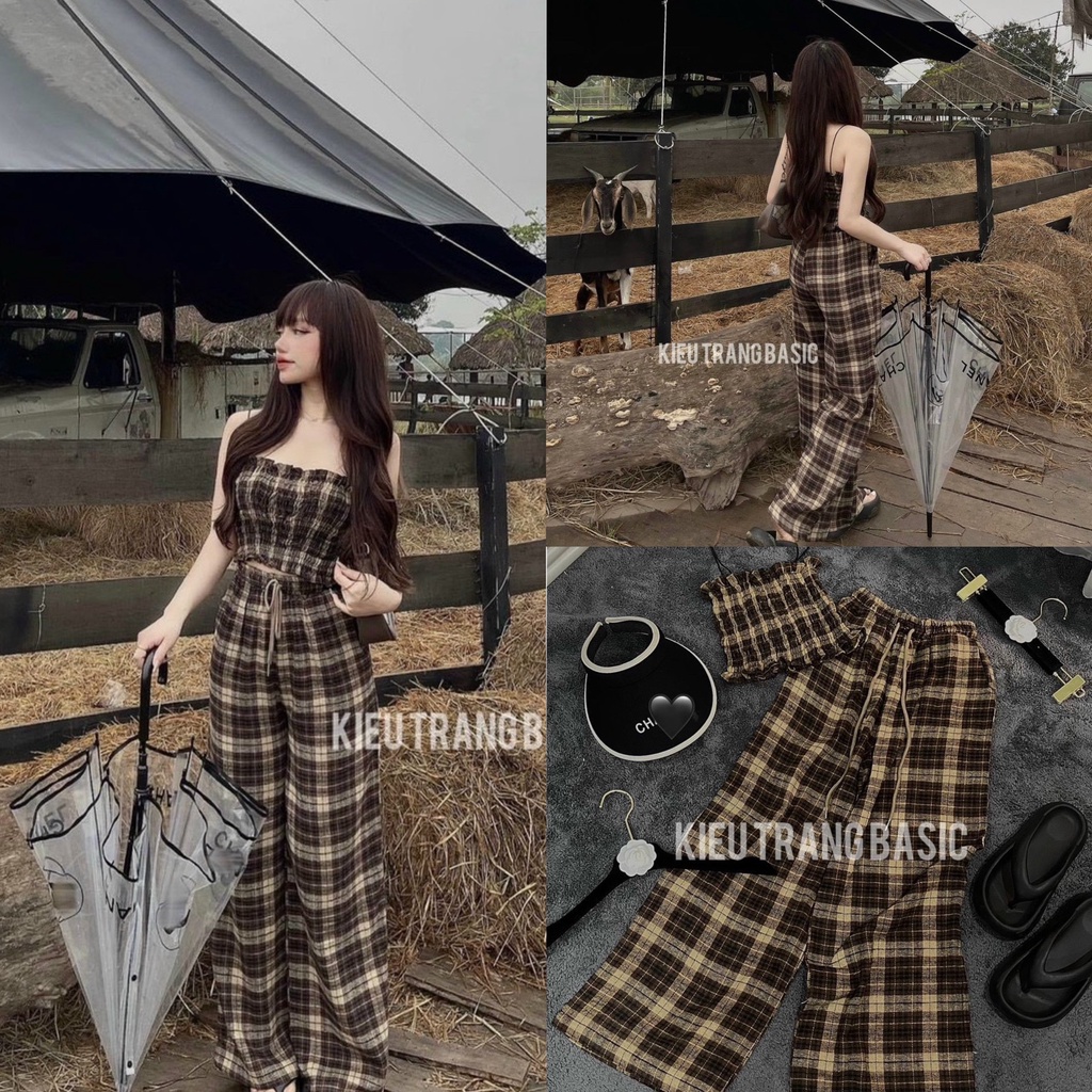 Set bộ đồ nữ kate áo quây phối quần ống rộng tone màu nâu tôn dáng, thích hợp cho các nàng đi chơi
