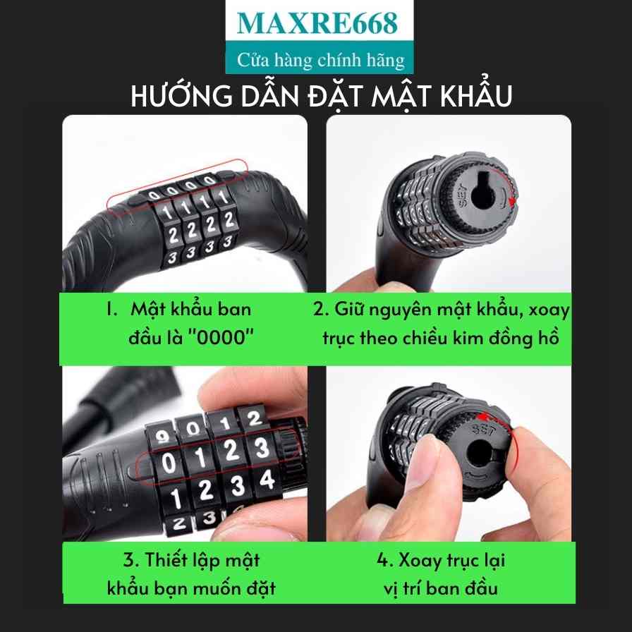 Khóa chống trộm xe đạp thể thao, khóa dây trống chộm tròn mật khẩu 4 số tiện lợi, chắc chắn