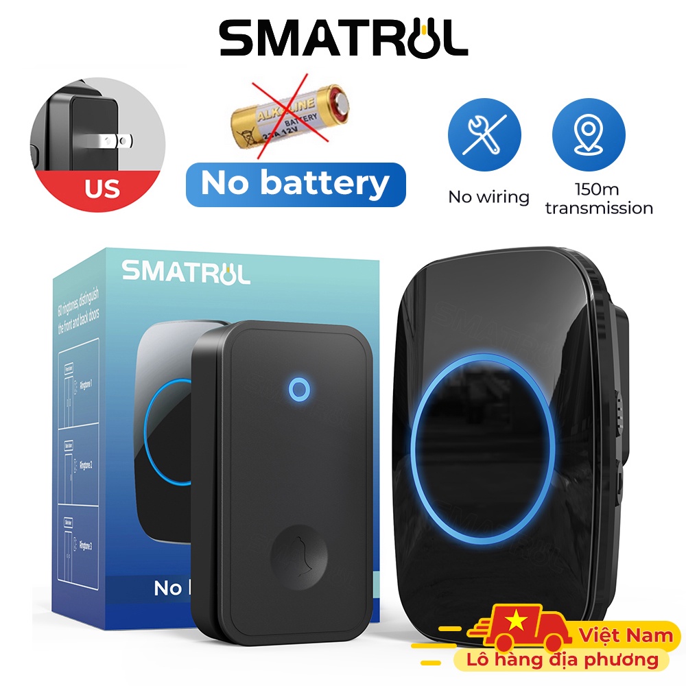 Chuông cửa không dây SMATRUL chống thấm nước không cần pin kiểu nút nhấn tự cấp nguồn US tiện lợi