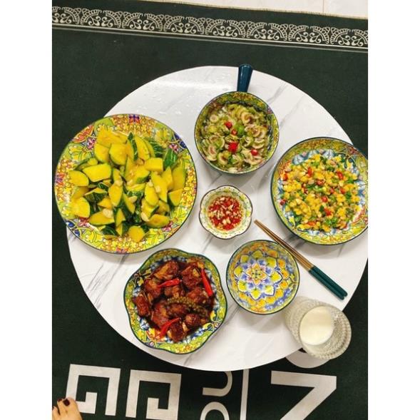 Siêu Sale - Bát Đĩa Gốm Sứ Decor, Bát Ăn Cơm, Bát Ăn Chè, Chén Dĩa Dễ Thương Bộ Bát Đĩa Thổ Cẩm Xanh Posimia