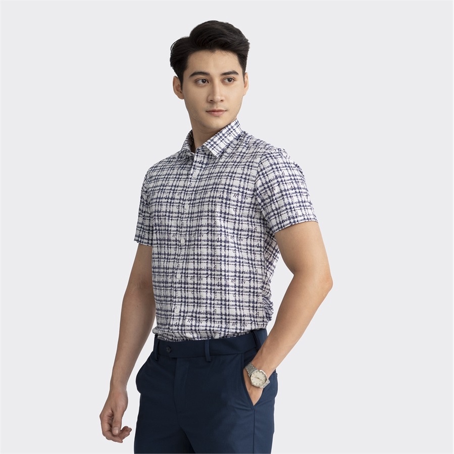 Áo sơ mi nam ngắn tay ARISTINO ASS109S2 công sở màu trắng in họa tiết xanh vải sợi tre dáng slim fit tà lượn không túi