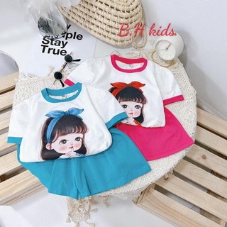 Bộ cotton cọc tay họa tiết bé gái cho bé size 6-16kg