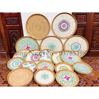 (LOẠI 1) Khay mây khảm trai ,khay mây tre đan cao cấp, khay mây đựng đồ đa năng, Mâm khảm trai decor kích thước D30->D50