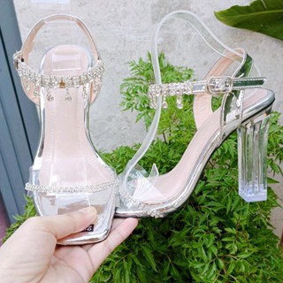 Guốc cao gót quai đính đá cao 10 phân gót trong suốt (BẠC)
