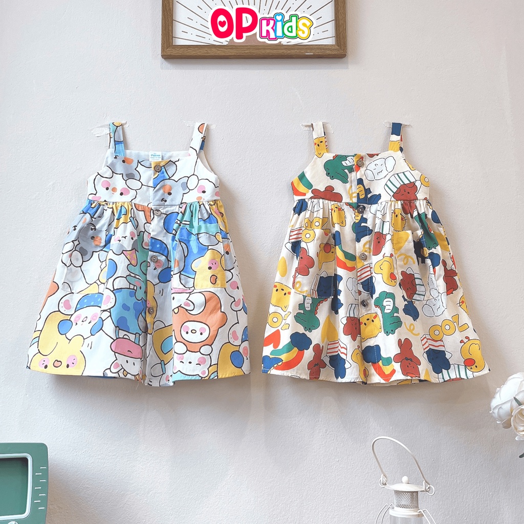 Đầm cho bé gái OP KIDS 2065 (8-26 kg) 2 dây hoạt tiết 2 màu chất thô Hàn cao cấp mềm mát siêu xinh phù hợp cho bé gái