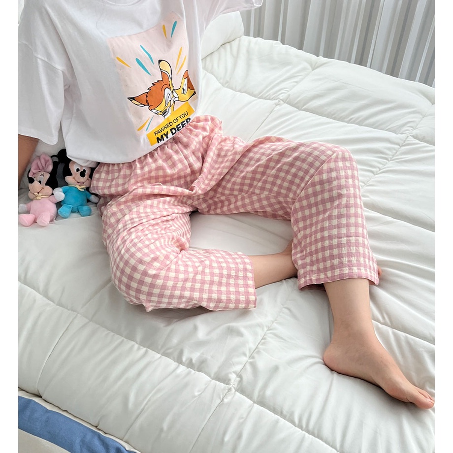 Quần dài baggy caro trắng hồng dễ thương vải ford cao cấp form rộng thoải mái đi chơi, mặc ở nhà ngủ