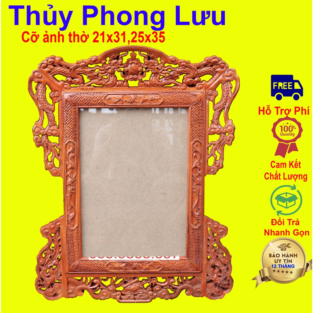 Khung ảnh thờ treo tường trạm song long tứ linh gỗ hương cỡ 21x31,25x35