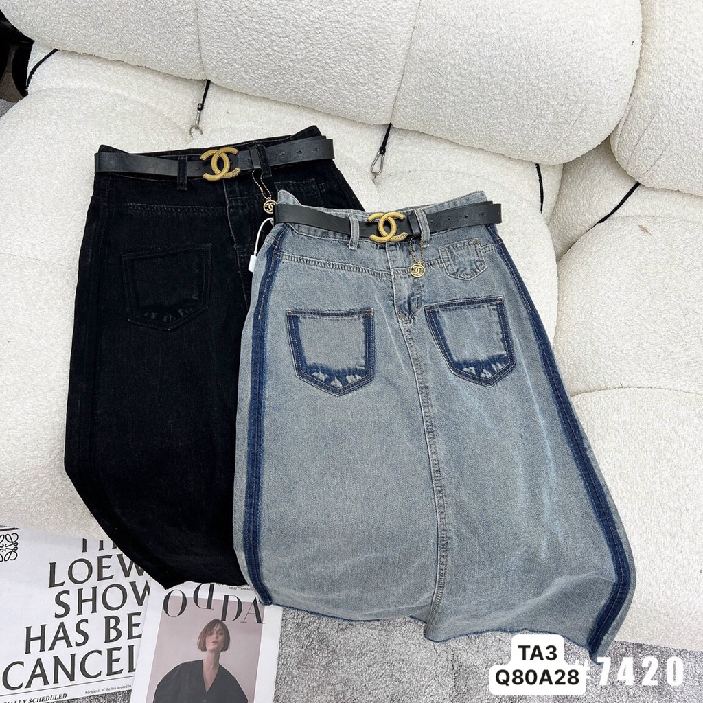 Chân Váy Jean Dáng Dài Cha Nel Túi Ngược kèm đai mã 7420 🩸Size:s m l tT3